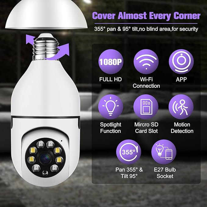 Security Camera Indoor Wireless WiFi Outdoor Home E27 360 Degree Panoramic Home Security Cameras IP Camera Motion Detection and Alarm Two-Way Audio 2pack-64GB