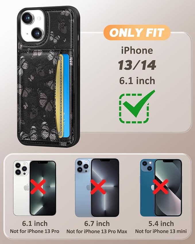 for iPhone 14/13 Case with Wallet - Fits 4 Card Slots, Compatible with MagSafe for Women Aesthetic Durable PU Leather Credit Card Holder Kickstand Phone Cover for Apple 14/13, Black Butterfly