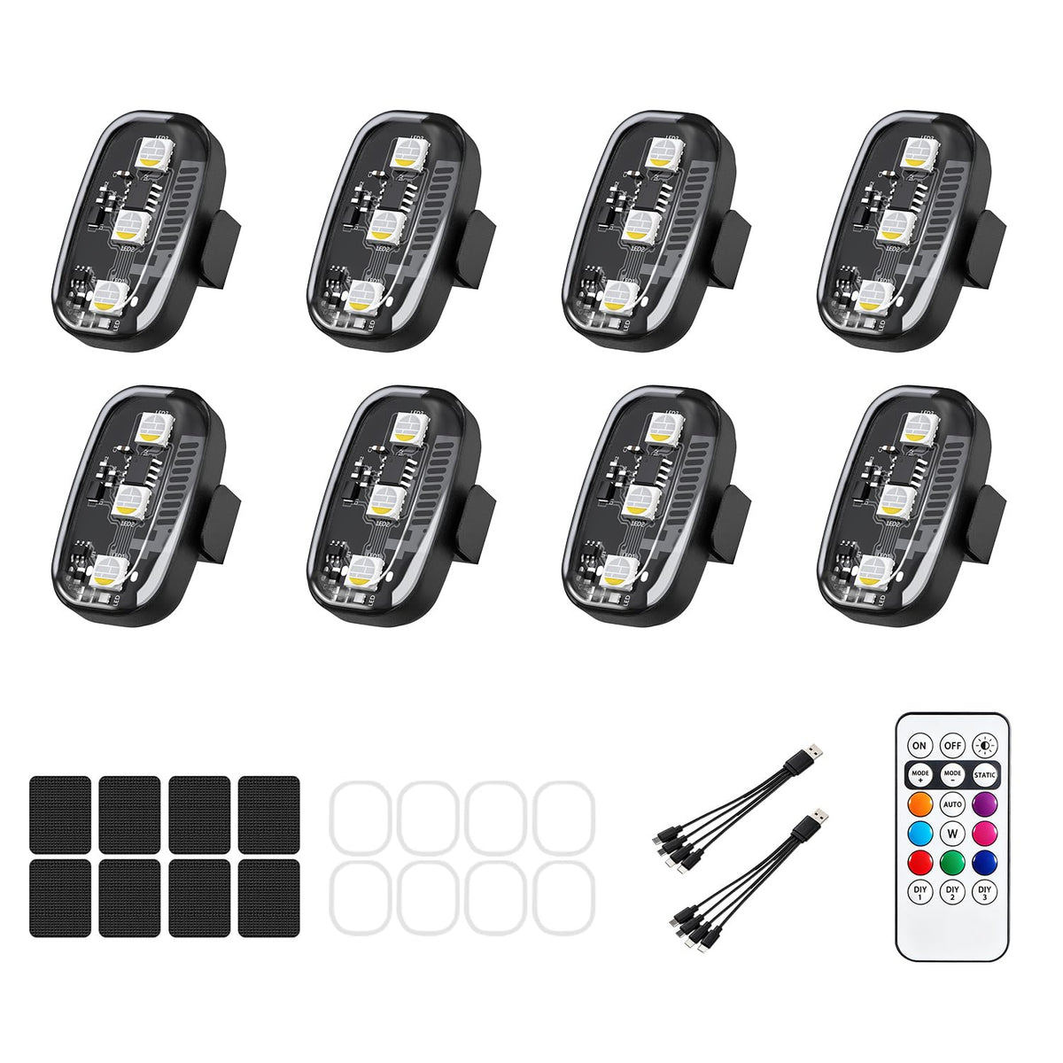 8Pcs Wireless Led Lights for Car, 8 Colors 10 Kind of Lighting Effects USB Rechargeable Anti-Collision Wireless Led Strobe Lights, High Brightness Wireless Led Lights for Bike, Drone, Motorcycle