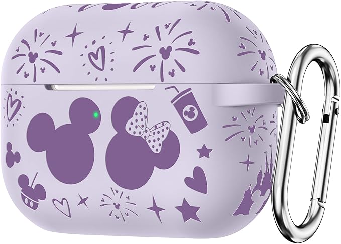 Compatible with Airpods Pro 2nd/1st Generation Case Cover with Keychain, Women Soft Silicone Two-Tone Cute Cartoon Engraved Convenience Protective Case, Front LED Visible Light Purple/Lavender