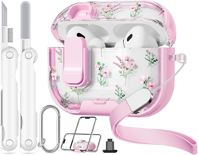 with Safety Lock for AirPods Pro 2nd 1st Generation Case Cover,Clear Floral Cute AirPods Pro 2 Case with Phone Stand & Cleaning Kit for AirPod Pro Case for Women Girly-Pink Narcissus
