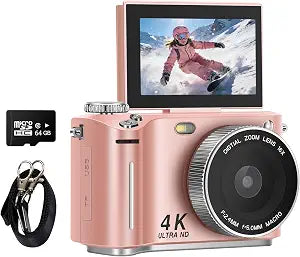 4K Digital Camera for Photography Autofocus, 64MP Vlogging Camera for YouTube with 3" 180° Flip Screen, 18X Digital Zoom Compact Travel Camera, 64GB SD Card for Beginners (Pink)