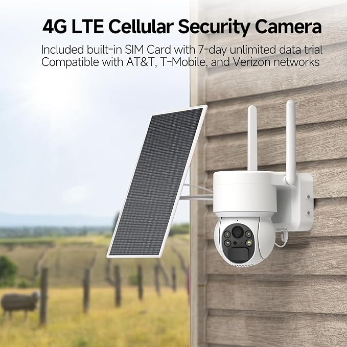 2K Solar Security Camera Wireless Outdoor, 1PCS Outdoor Camera Wireless with 360° View, Cameras for Home Security with Color Night Vision, 4G LTE Cellular, No Wi-Fi Needed, 1 Pack, White