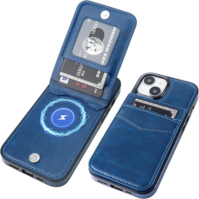 KIHUWEY for iPhone 15 Case Wallet Compatible with MagSafe Wireless Charging, Credit Card Holder, RFID Flip Leather Magnetic Clasp Kickstand Heavy Duty Protective Cover 6.1 Inch (Blue)