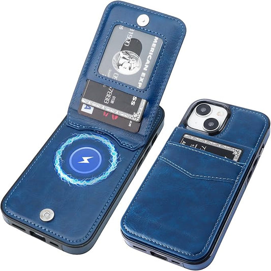 KIHUWEY for iPhone 15 Case Wallet Compatible with MagSafe Wireless Charging, Credit Card Holder, RFID Flip Leather Magnetic Clasp Kickstand Heavy Duty Protective Cover 6.1 Inch (Blue)