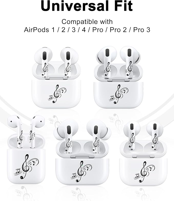 ROCKMAX for AirPods Sticker Skin Set, Earbud + Charging Case Wrap Decals with Applicator & Spare, Fits AirPods 1/2/3/4 & Pro/Pro 2/Pro 3, No Interference – Musical Notes Treble Clef