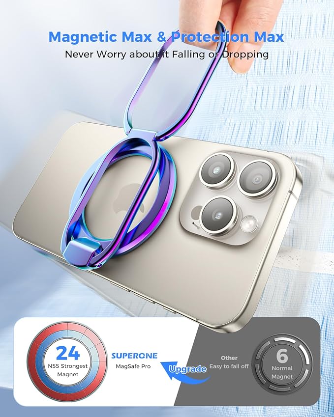 SUPERONE [2025 Upgraded] Mag Safe Phone Ring Holder, Adjustable Magnetic Kickstand & Removable Phone Grip Compatible with Wireless Charging Only for iPhone 17 & 16 & 15 & 14 & 13 Series (Colorful)