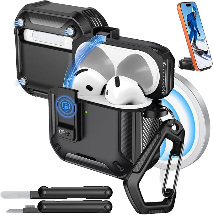 MoKo for AirPods 4 Case with Lock 2024 - Compatible with MagSafe, Phone Stand & Auto Pop-up for AirPods 4th Generation Case, Military-Grade Protective Cover with Cleaner Kit, Black