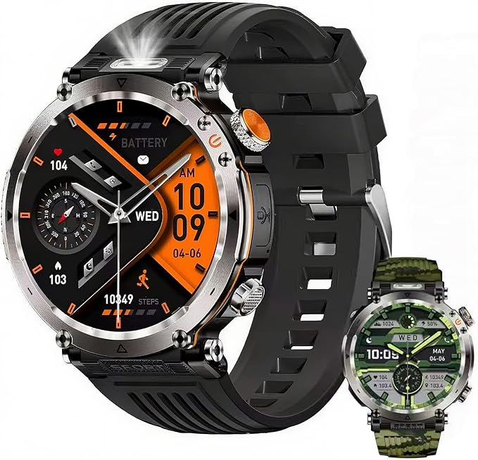 Military Smart Watches for Men, 1.7" Hd Fitness Tracker Ith Multiple Sports Modes, 600mah Battery for Android iOS, Ip68 Waterproof/Spo2 Monitor/Flashlight/Message Alerts