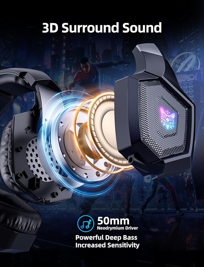 Gaming Headset with Microphone, Gaming Headphones Compatible for PS4 PS5 Xbox PC with RGB Lights, PlayStation Headset with Noise Reduction 7.1 Surround Sound Over-Ear and Wired 3.5mm Jack (Black)