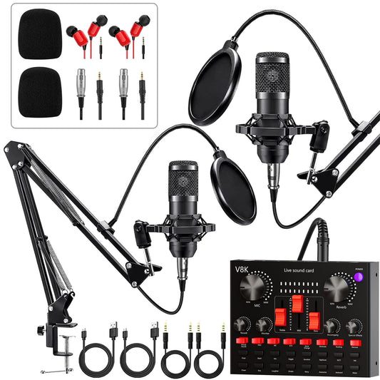 Brvomussy Podcast Equipment Bundle for 2, Audio Interface with Voice Changer Condenser Microphone for Gamer, All-in-One Audio Mixer Perfect for Live Streaming, Singing, YouTube, Gaming