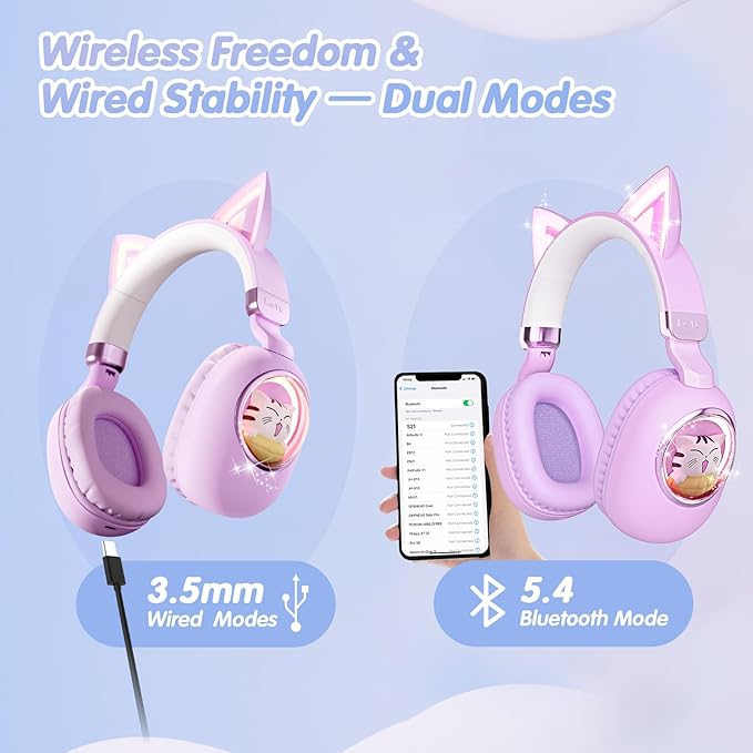 esonstyle Cat Ear Headphones for Kids - Bluetooth 5.4 On-Ear Noise Cancelling Headphones with Microphone 85dB Safe Volume Limit Wireless or 3.5mm Wired Mode USB C for School Learning Travel (Purple)