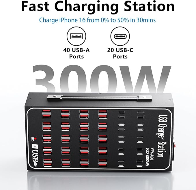 60 Port USB C Charger Block, 300W(60A) USB Charging Station, USB Hub Charger for Multiple Devices, USB C Multi Charge Compatible with iPhone 17 16 15 14 13, iPad, Samsung Galaxy S23 S24, Pixel
