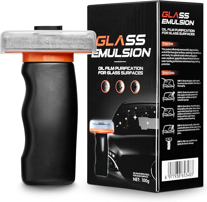 Glass Oil Film Remover for Car Windshield, Handheld Roll-On Glass Emulsion Cleaner with cleaning board, Removes Stubborn Oil Film & Grime for Improved Windshield Clarity for Safe Driving (3.38oz)