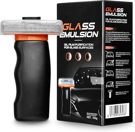 Glass Oil Film Remover for Car Windshield, Handheld Roll-On Glass Emulsion Cleaner with cleaning board, Removes Stubborn Oil Film & Grime for Improved Windshield Clarity for Safe Driving (3.38oz)