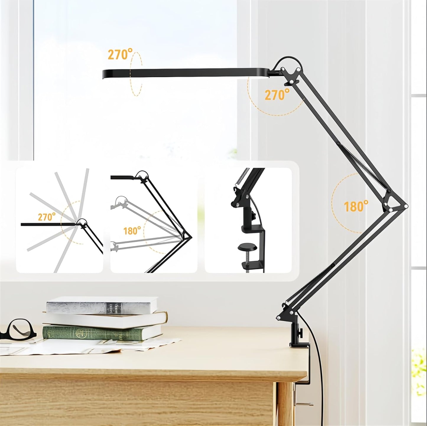 LED Desk Lamp with Swing Arm & Memory Function – 5 Color Modes, 11 Brightness, USB Powered (Black)
