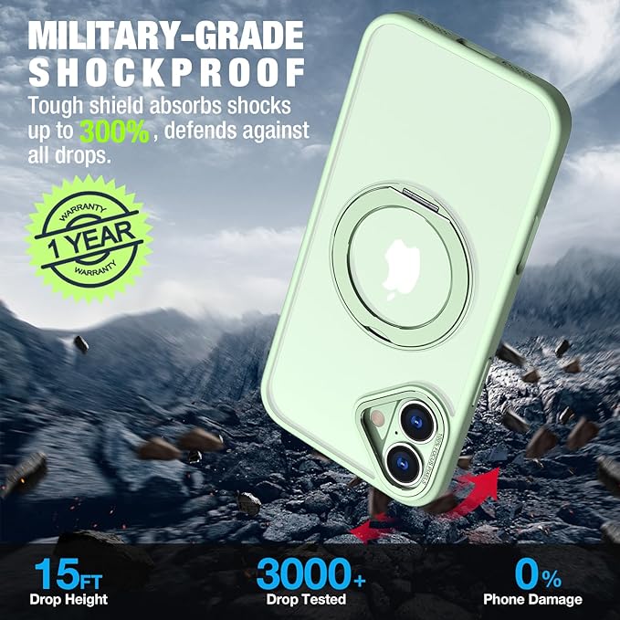 for iPhone 16 Case with Screen Protector & Lens Protector [15 FT Military Drop Protection] Magnetic Kickstand Compatible with MagSafe Slim Translucent Case (Butter Green)