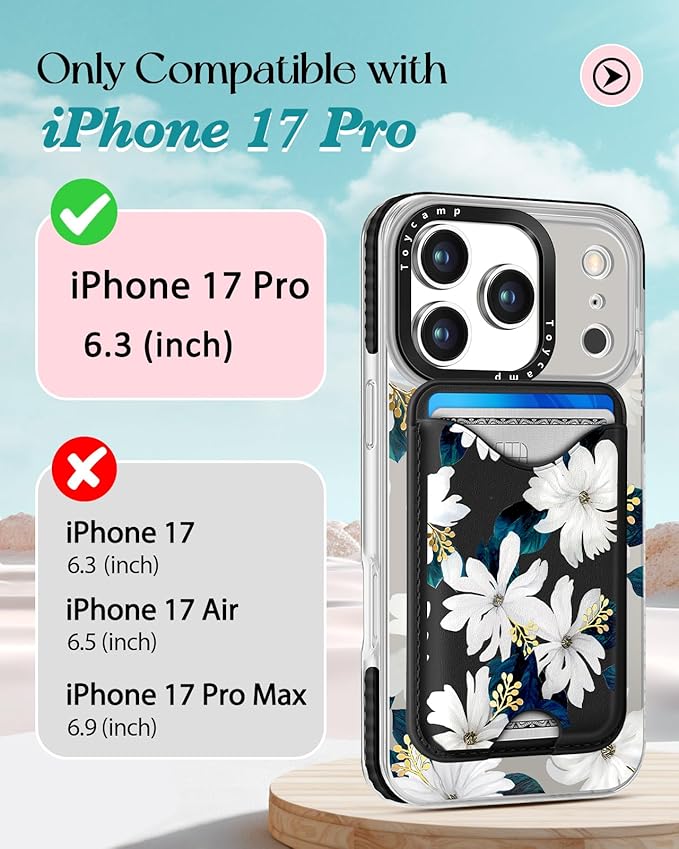 Toycamp for iPhone 17 Pro Case - Compatible with Magsafe Credit Card Holder Wallet Magnetic Cute Women Teen Girls Kawaii Girly Unique White Flower Design Phone Cover for Apple 17 Pro