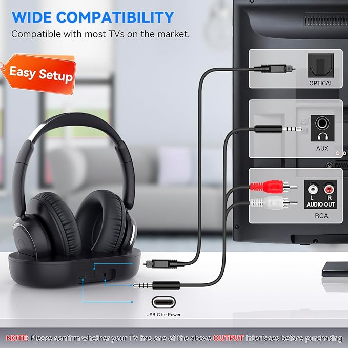 ANSTEN Wireless Headphones for TV with Universally Compatible Transmitter Charging Base, TV Headphone Wireless for Seniors, Bluetooth Headphones No Delay, 35 Hrs Audio Playtime, Plug n Play