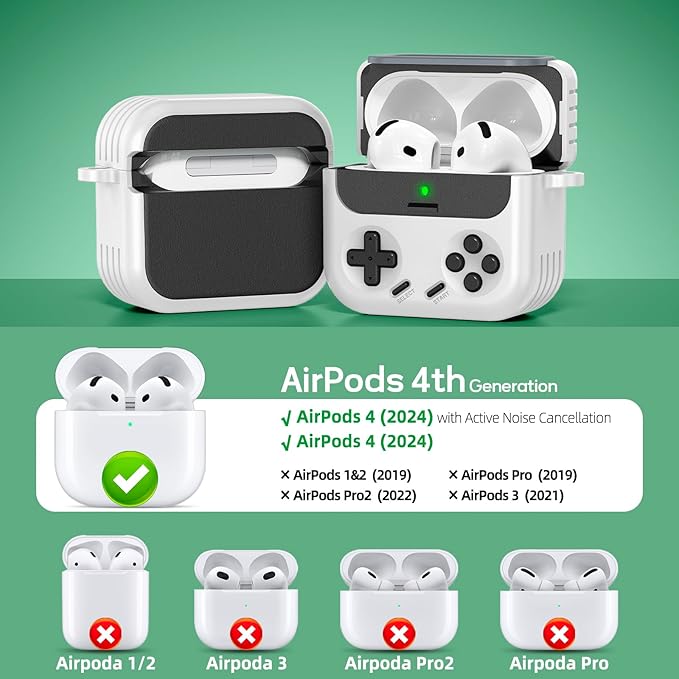 Inesore for Airpods 4 Case with Lock,Compatible with Airpods 4 with Active Noise Cancellation Cases,Classic Cool Funny Game Console Air pods4 Case Cover for Men Boy with Cleaner Kit(White)