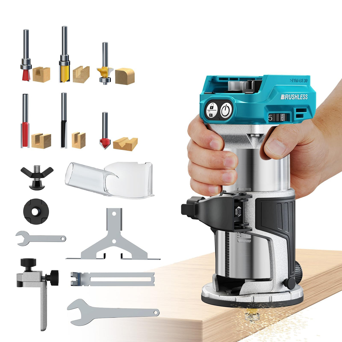 Cordless Router Tool Compatible with Makita 18V Battery(Tool Only), 800W Brushless Wood Router, 6-Speed Control, Depth Adjustment, Edge & Roller Guide, Router Bits Included
