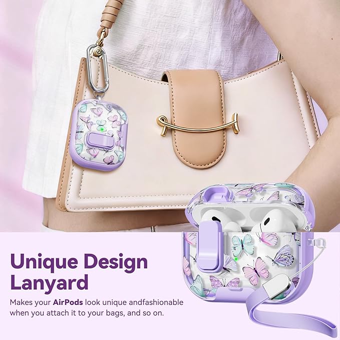 with Safety Lock for AirPods Pro 2nd 1st Generation Case Cover,Clear Butterfly Floral Cute with Phone Stand & Cleaner Kit for AirPod Pro Case for Women Girly-Purple