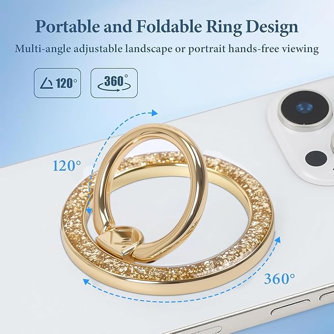 Magnetic Phone Ring for MagSafe Grip [Super Magnet] Gold Twinkle Design Ring Holder Stand, magsafe pop Socket, Mag Safe Accessory for iPhone 16/15/14/13 Pro Max Plus, Gold