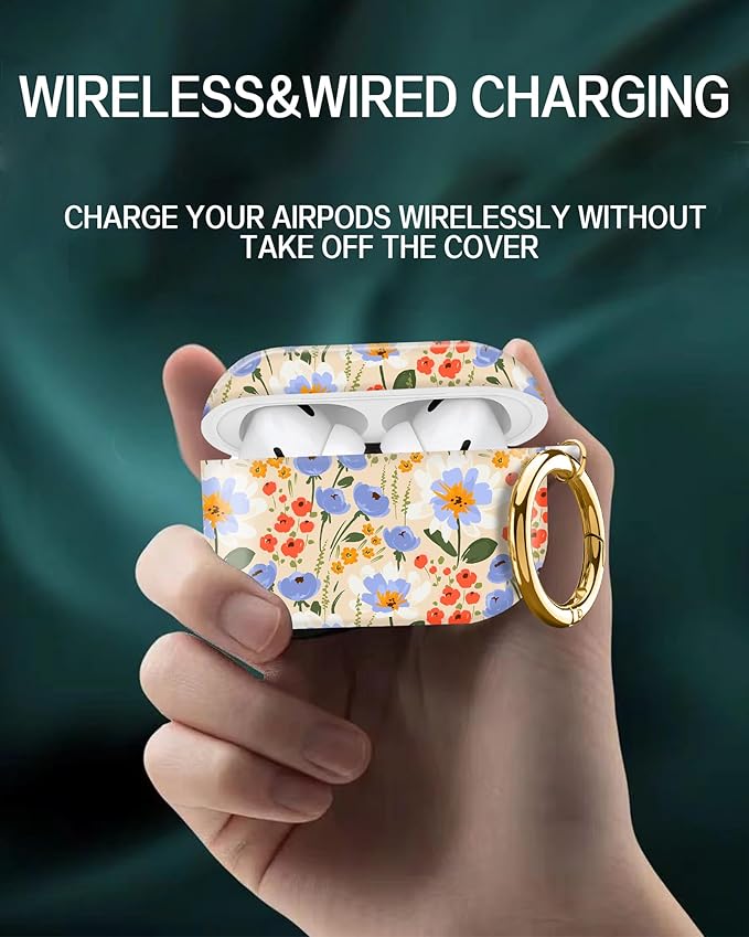 Compatible with Airpod pro 2nd/1st Generation Case Cover with Gold Round Keychain Cute Pattern Hard & Anti Slip Cover for Men Women & Girls (Watercolor Floral)