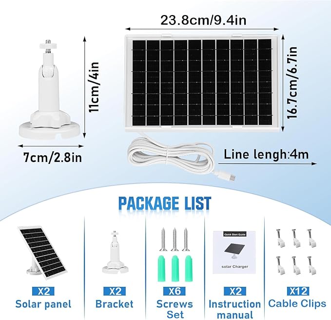 8W Solar Panel Charger for Outdoor Security Cameras, with Micro USB/USB-C and DC (35 x 135) Port, Fits Ring/Eufy/Wyze/Bird Feeder Camera, 13ft Cable, Fast Charging (2 Pack)
