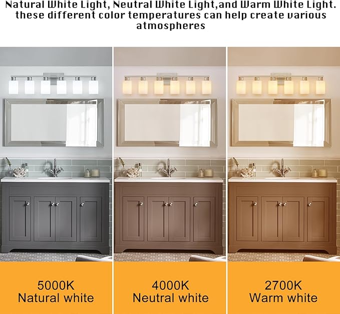6-Light Bathroom Vanity Light, Brushed Nickel Fixture with Milky White Frosted Glass Shades, Large Over-Mirror Lighting for Bathroom, Modern Vanity Lights