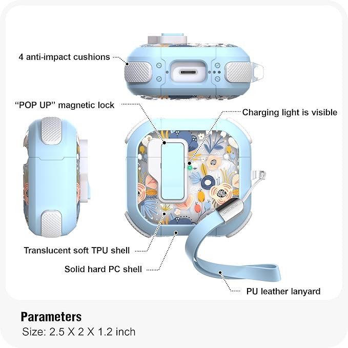 WENEW Case for AirPods 4th Case Cover Secure Lock Automatic Snap Switch Clip Cleaner Kit Lanyard Women Stylish Flower Armour Hard Shell Full Body Front LED Visible (Blue, AirPods 4)