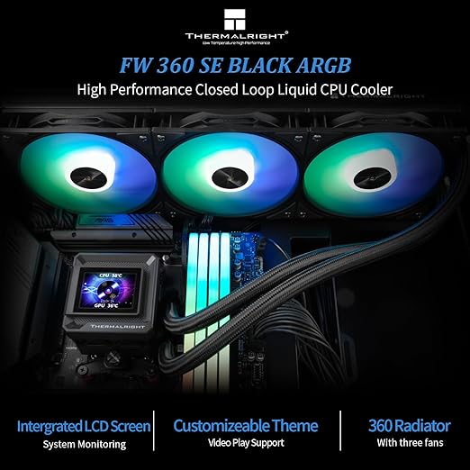 Thermalright FW 360 SE ARGB Black-AIO CPU Liquid Cooler,IPS LCD Screen with 320x240 Resolution,for AM4/AM5,Intel LGA1700/1851,2-inch Magnet-Absorbent LCD Screen for Images-Black,PC CPU Water Cooler
