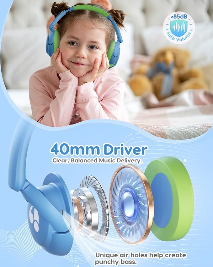 Kids Bluetooth Headphones, 85dB Volume Limiter, Foldable Wireless Over-Ear Headphones for iPad, Travel, 75H Playtime, Bluetooth 5.4, Built-in Mic, Blue Green