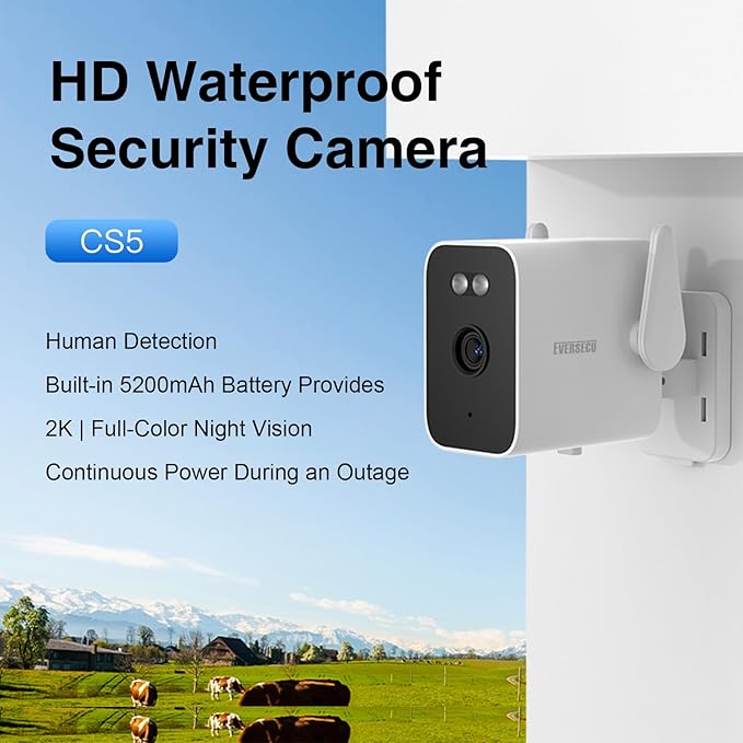 EVERSECU 2K Outdoor Corded WiFi Bullet Camera Bulit-in 5000mA Batteries for Power Outage, Human Detection, Compatible with Alexa, SD Card&Cloud Storage, Support ONVIF&RTSP Stream