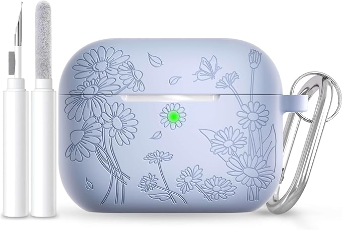 for AirPods Pro 3 Case (2025) DamonLight Daisy Floral Engraved Shockproof Protective Soft Silicone Case Cover with Cleaning Pen and Keychain for Apple Airpods Pro 3rd Generation (Blue)