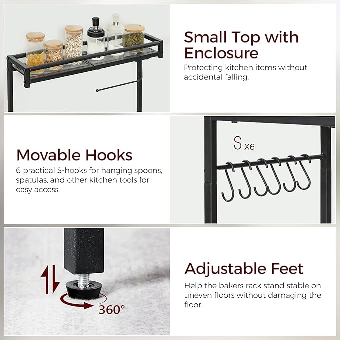 Bakers Rack with Power Outlet, Microwave Stand with Paper Holder, Bakers Rack with Storage, Coffee Bar Station with 6 Hooks, for Kitchen, Dining Room, Black BRBK36E01