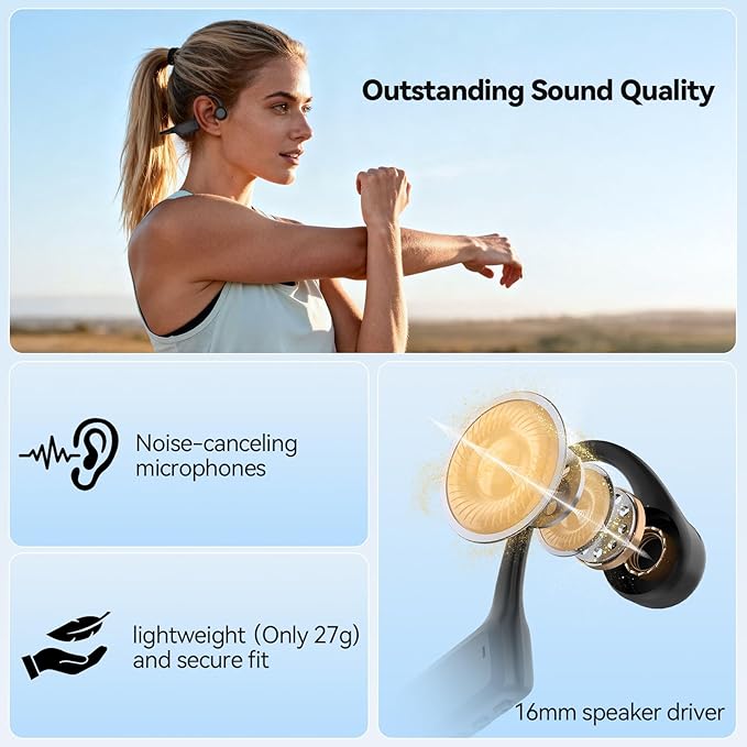 TECKNET Bone Conduction Headphones, Bluetooth V6.0 Open Ear Wireless Headphones, 10H Playtime & IPX5 Sweat Resistant, Secure Comfortable Fit Built-in Mic, Sports Earbuds for Running & Workout, Black
