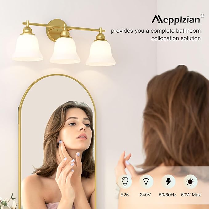 3-Light Bathroom Vanity Light Brushed Gold Modern Fixture with Frosted Glass Shades, Over Mirror Lighting for Bathroom/Bedroom, 22 inch