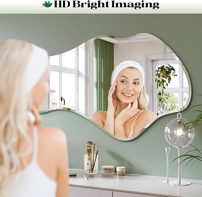 Irregular Wall Mirror, 28”x50” Frameless Asymmetrical Mirror, Beveled Frameless Funky Wavy Wall Mirrors for Entry Way Modern Bathroom Bedroom Living Room