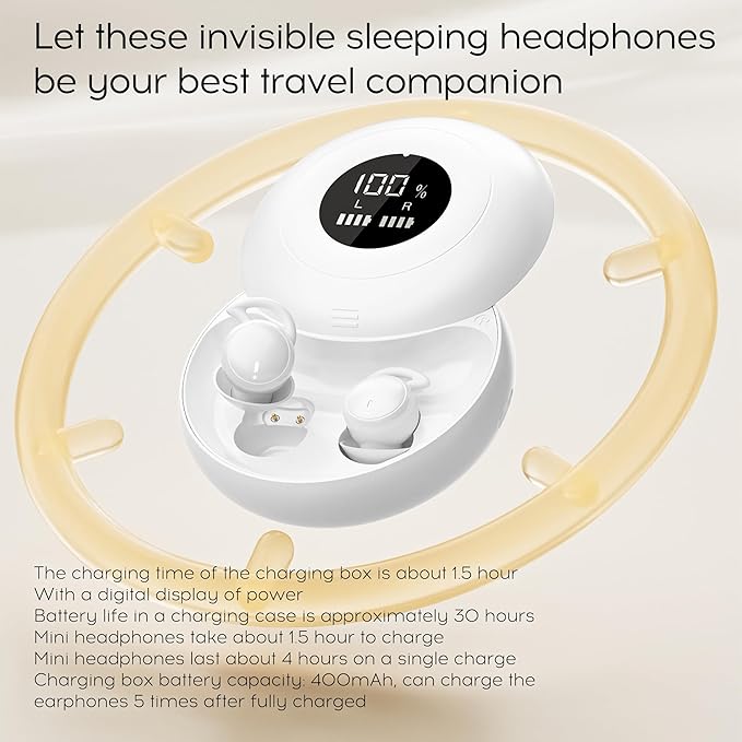 sunvito Sleep Earbuds Bluetooth 6.0, Mini Invisible Silicone Sleep Earbuds for Side Sleepers, Noise Blocking Sleeping Headphones, Hidden Earbuds with LED Display for Small Ears, Sleep & Relax (White)