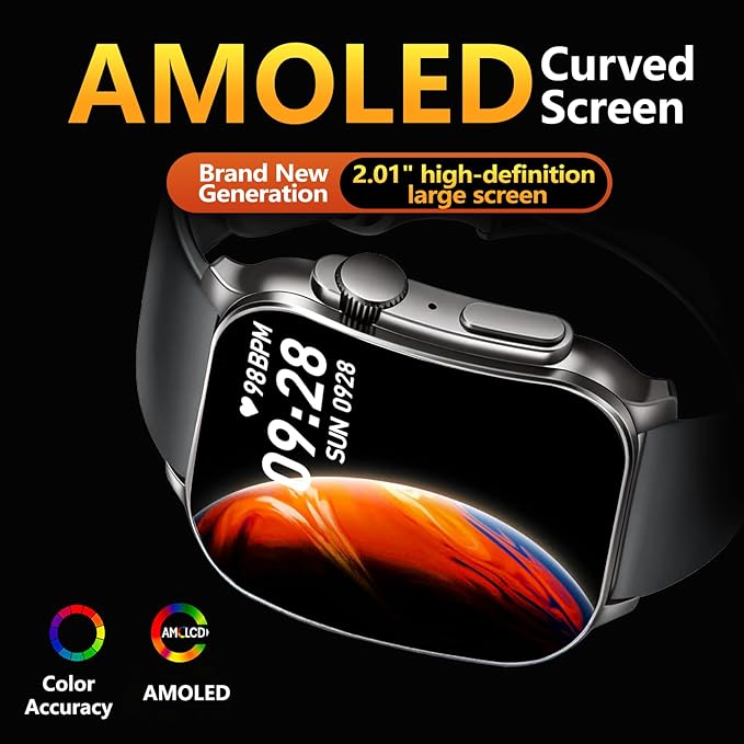 Smart Watch for Men, 2.01" AMOLED Curved Display Fitness Tracker with Answer/Make Calls, 100+ Sport Modes, Fitness Watch with 24/7 Heart Rate/Sleep Monitor/Pedometer, IP68 Waterproof, for Android iOS
