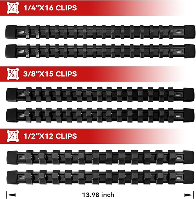 ALOANES 6PC ABS Socket Organizer, Socket Rails Fit 1/2 inch, 3/8 inch and 1/4 inch Drive, Heavy Duty Socket Holders Hold up to 86 Sockets, Black Rails with Black Clips