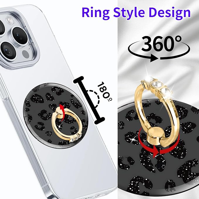Magnetic Phone Ring Holder Compatible with MagSafe, Cute Phone Grip Stand with 360° Rotation Gold Glitter Finger Ring Kickstand Accessories for Most Phones Glitter Black Leopard