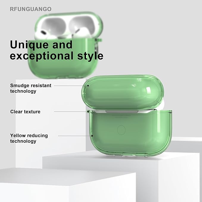 RFUNGUANGO AirPods Pro Case Clear, Soft TPU Transparent with Cleaning Kit & Keychain, Compatible with Magsafe, Compatible Apple AirPods Pro 2nd/1st Generation Protective Case, Green