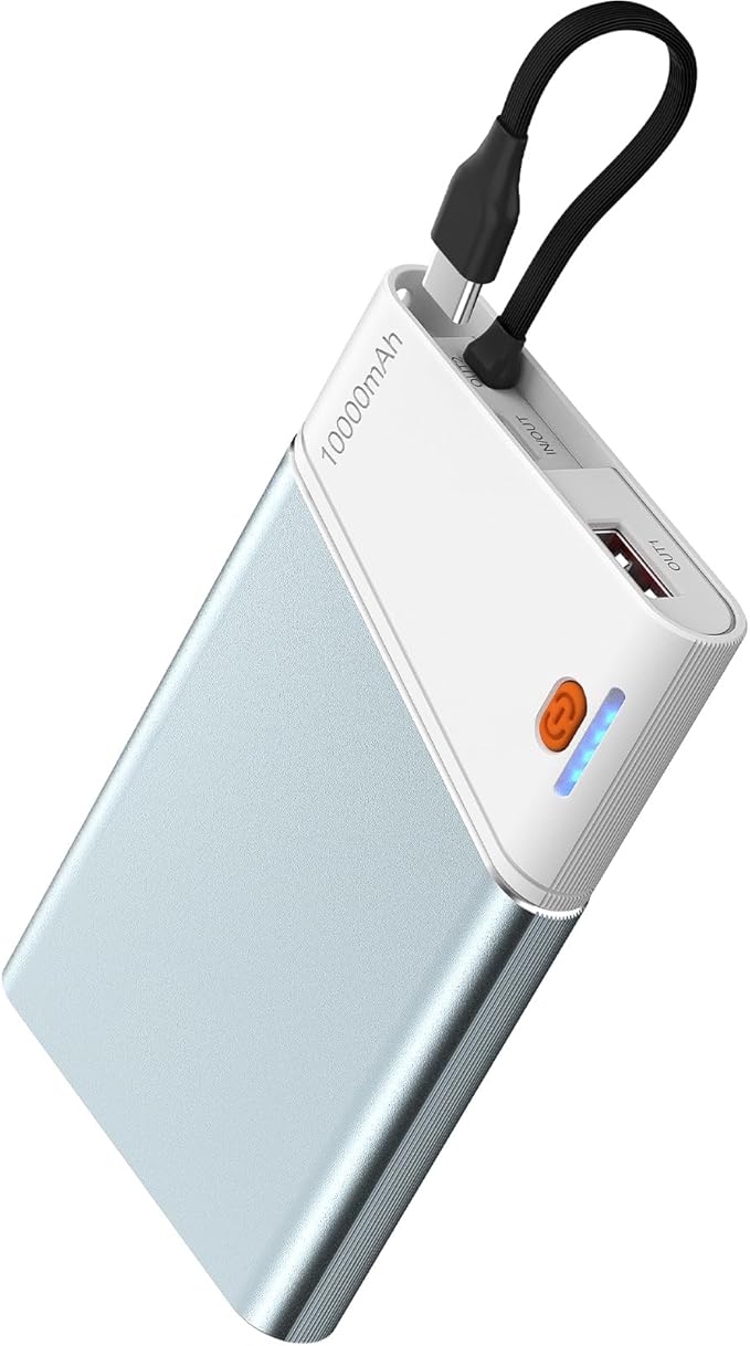 Portable Charger Power Bank, 10000mAh 22.5W PD Fast Charging Powerbank with Built-in USB C Cable, Slim External Phone Battery Pack for iPhone 17/16/15 Samsung S24 Android etc (Blue)