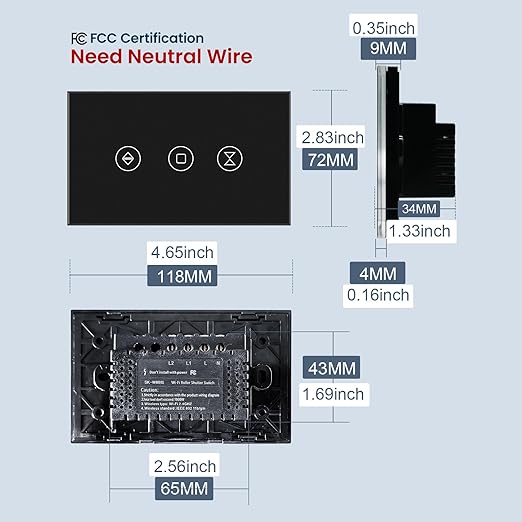 Smart Roller Shutter Switch Neutral Wire Required,2.4GHz WiFi Roller Shutter Switch with Remote Voice Control, Tempered Glass Panel, Work with Alexa and Google Home, Black WiFi-Roller Shutter
