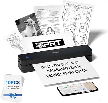 iDPRT Portable Printer Wireless for Travel - Bluetooth Mobile Printer Support for 8.5"x11" US Letter, Inkless Compatible with iOS, Android, Laptop for Office, Car and Home (pro, Black)
