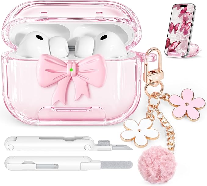 for AirPods Pro 3 Case 2025, with Safety Lock & Phone Stand for AirPods Pro 3 Generation Case Cover for Women Girly,Clear Pink Bow Butterfly iPods Pro 3 Case with Keychain, Pink