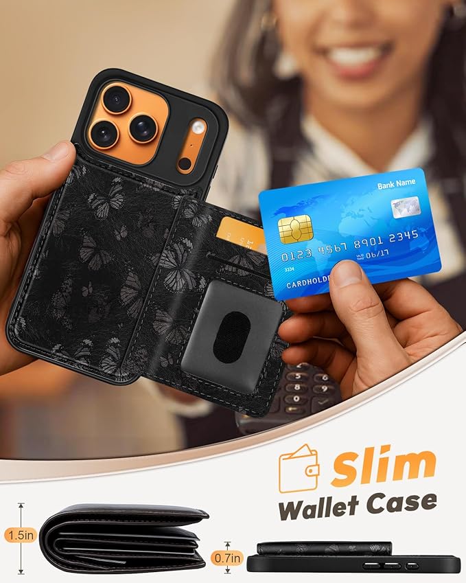 for iPhone 17 Pro Case with Wallet - Fits 4 Card Slots,Compatible with MagSafe for Women Aesthetic Durable PU Leather Credit Card Holder Kickstand Phone Cover for Apple 17 Pro, Black Butterfly