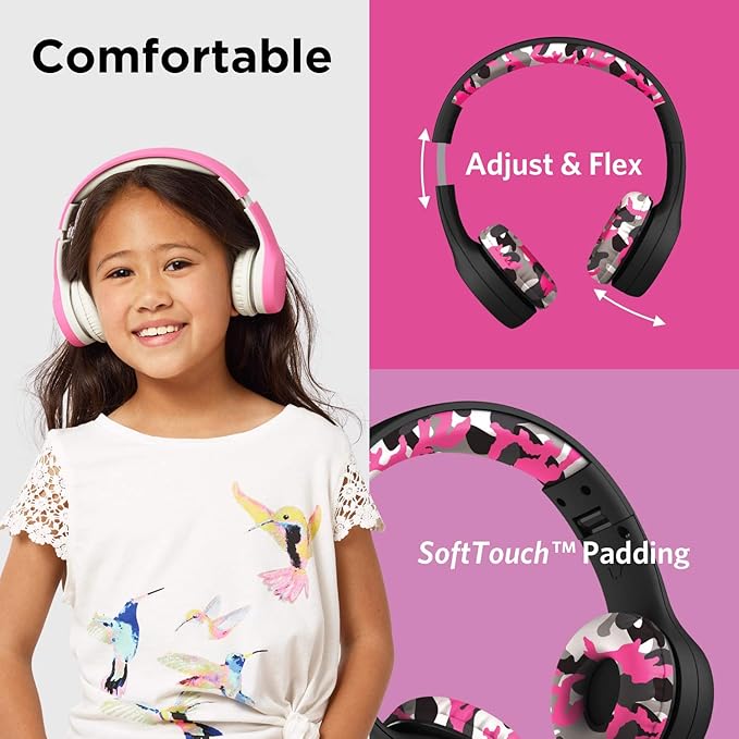 LilGadgets On-Ear Wired Headphones for Kids for School - Pink, Foldable On-Ear Design, 4 ft Braided Nylon Cable - Volume-Limiting & Noise Reduction, SharePort Technology & Kids Wired School Headphones